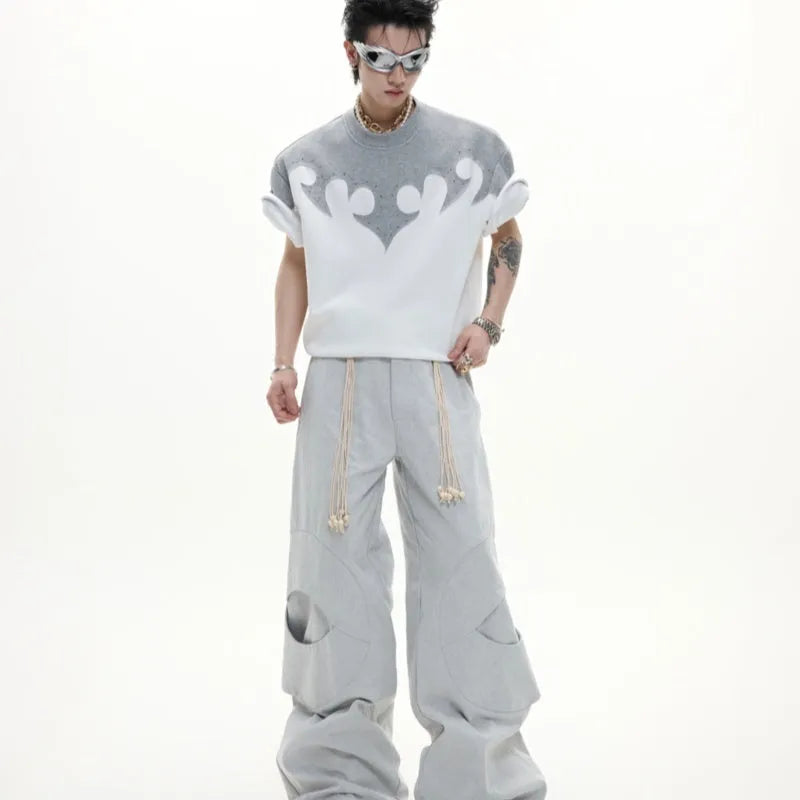 Men's grey cotton t-shirt with burnt flower stitching and rhinestone decoration on short sleeves