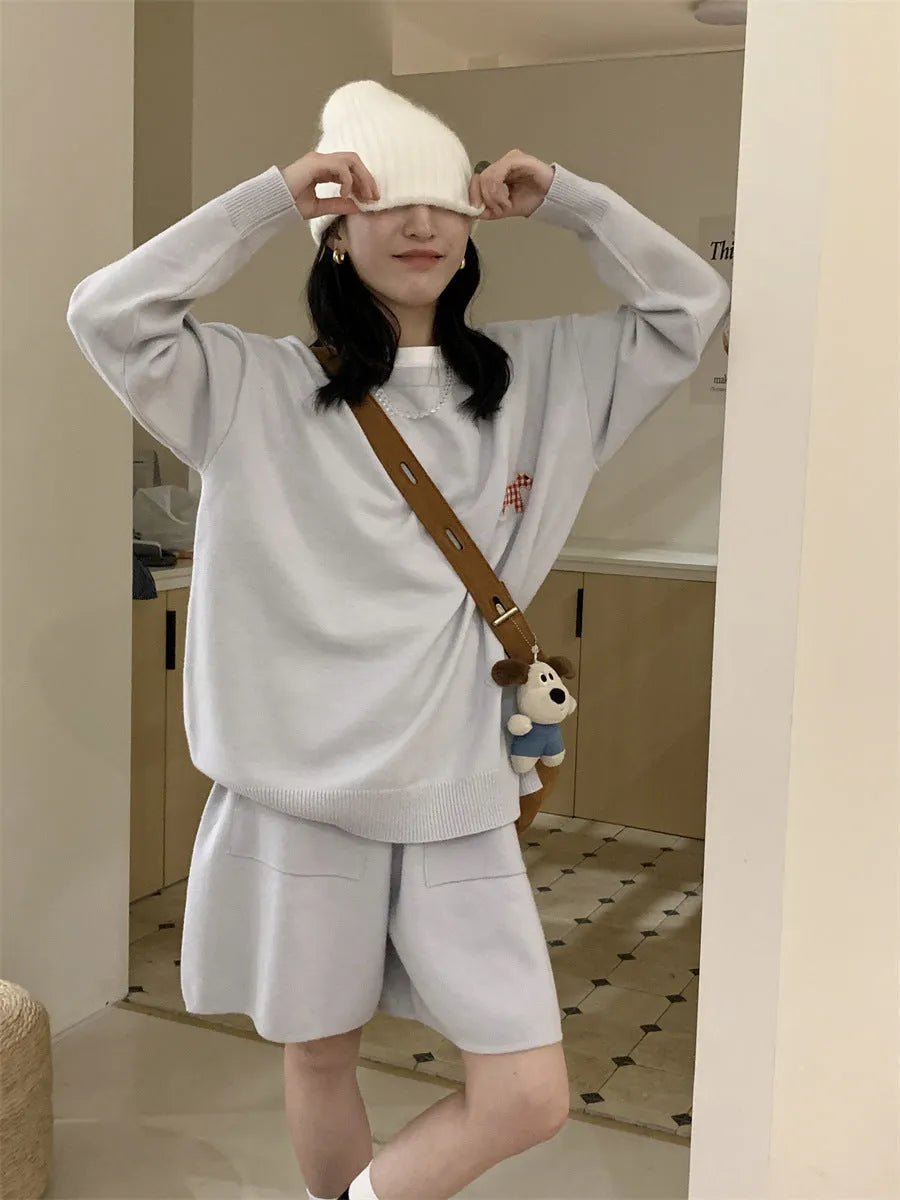 Women's milk blue knitted sweater and shorts set with animal embroidery, Japanese Korean casual style.