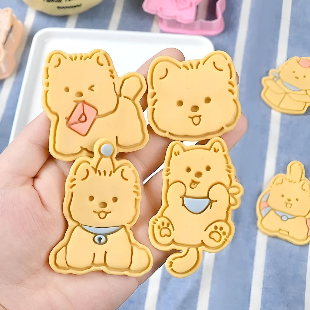 Plastic cartoon biscuit mould for 3D puppy-shaped treats with seven decorative designs