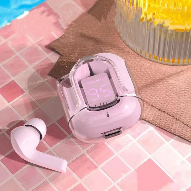 Transparent space capsule case Bluetooth earbuds with digital display showing black, white, light blue, green, and peach colour options