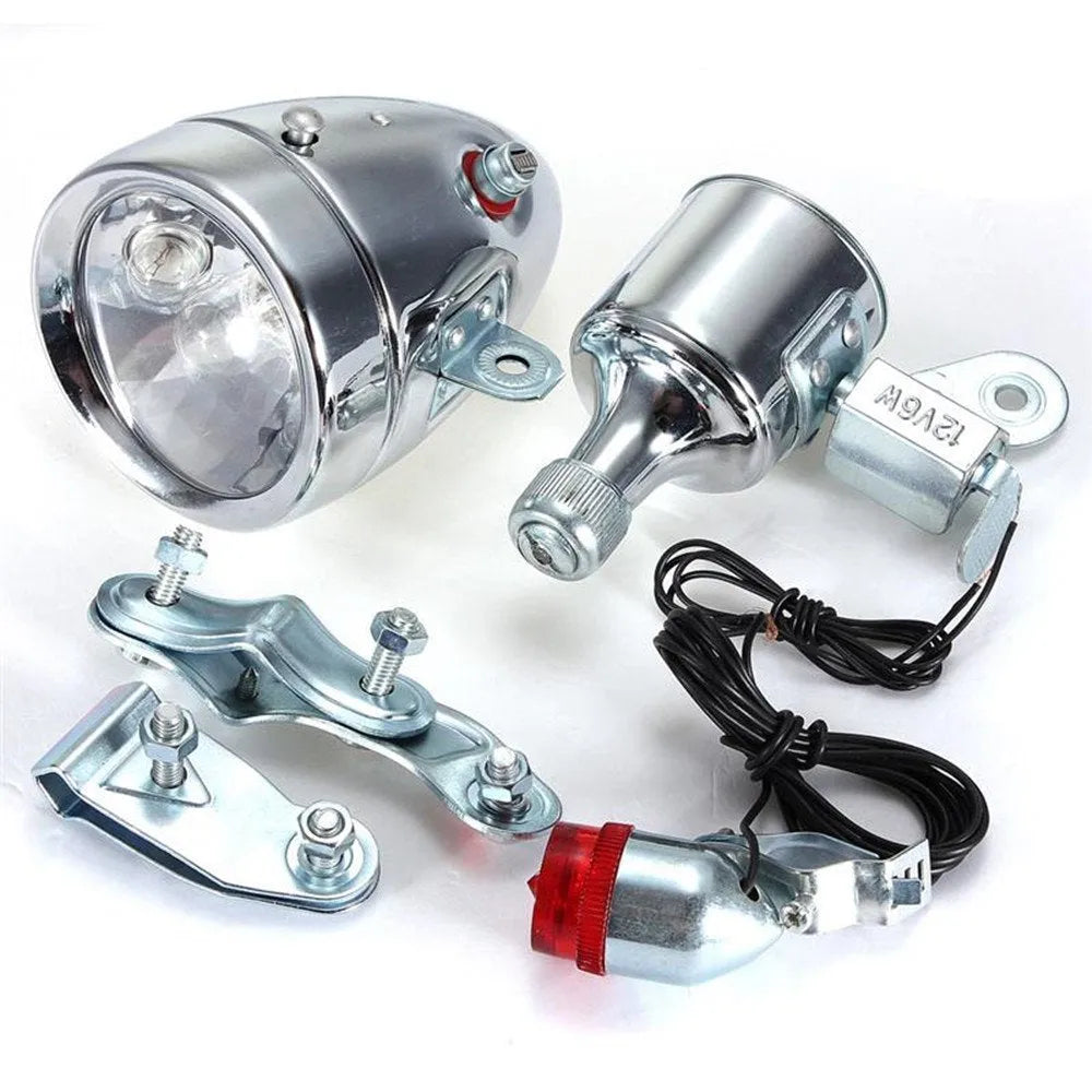 Silver bicycle generator light kit for front fork or rear frame installation with friction dynamo power generation