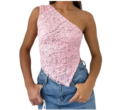 Women's lace backless sleeveless top with asymmetrical neckline in solid colour options