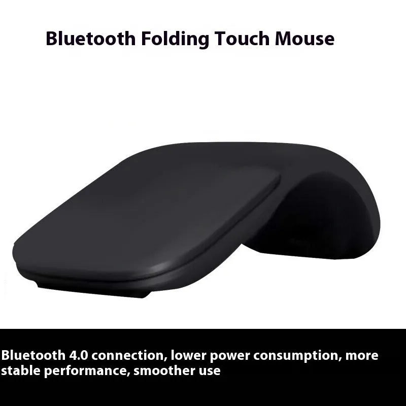 Black folding touch wireless mouse shown both folded and unfolded for portable use.