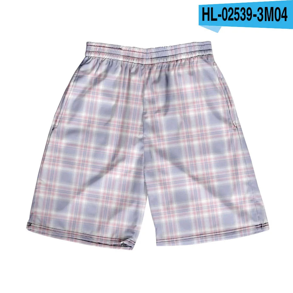 Men's blue and white plaid casual polyester shorts with an elastic waistband.
