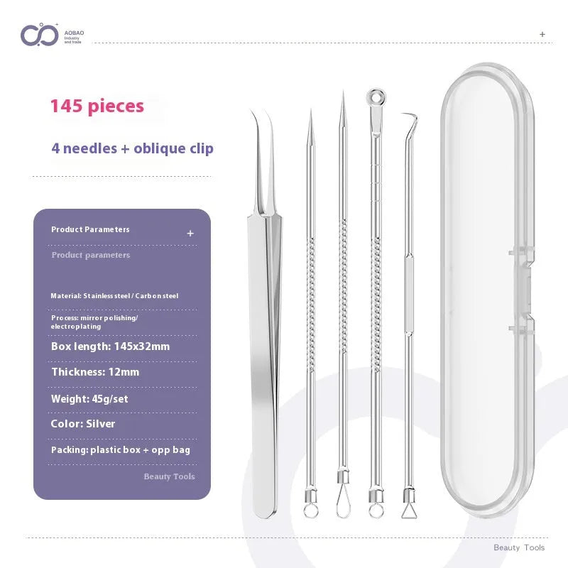 Four silver metal acne needles with fine pointed tips laid out on a flat surface.