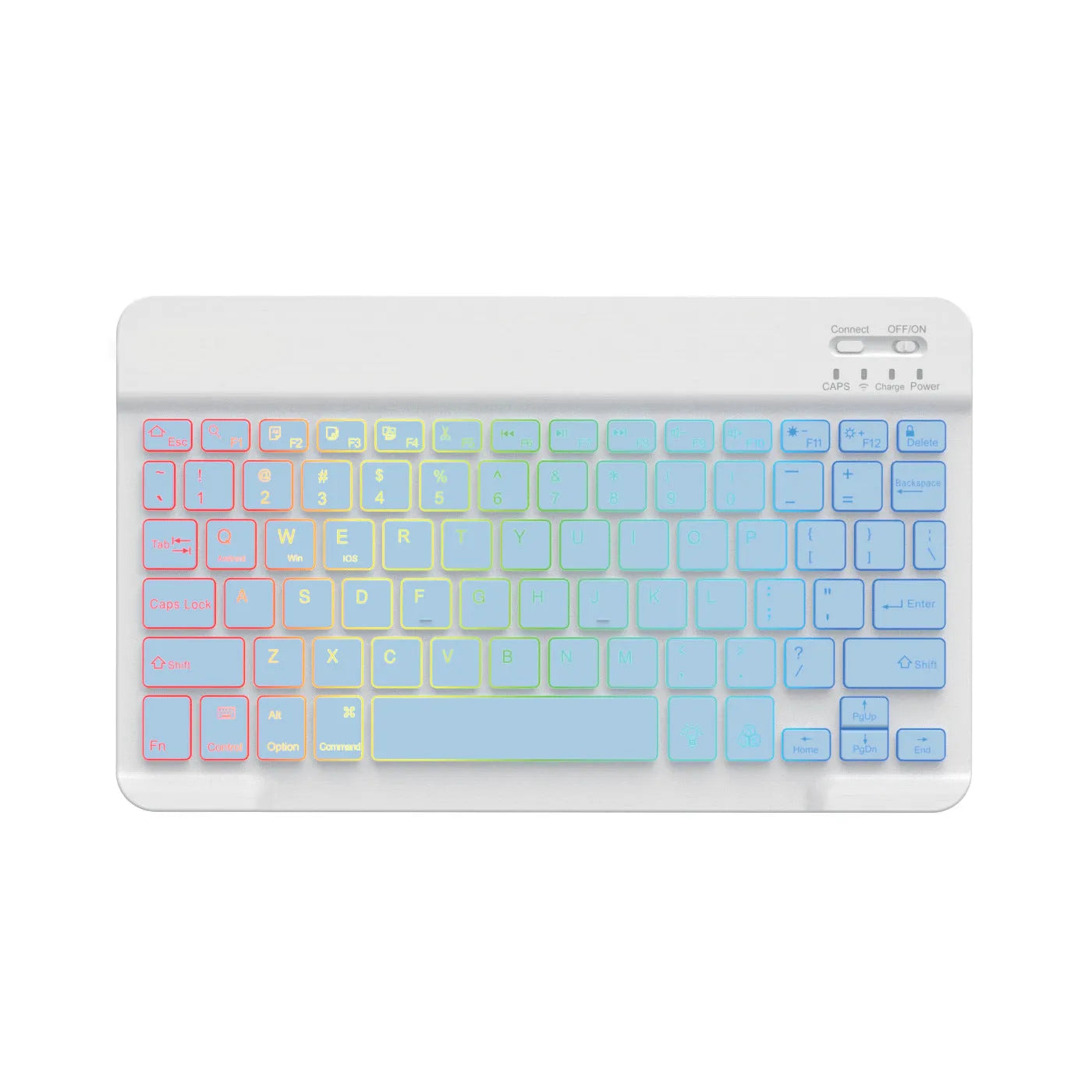 A 10-inch black Bluetooth keyboard with multi-colour LED backlit keys on a desk next to a tablet.