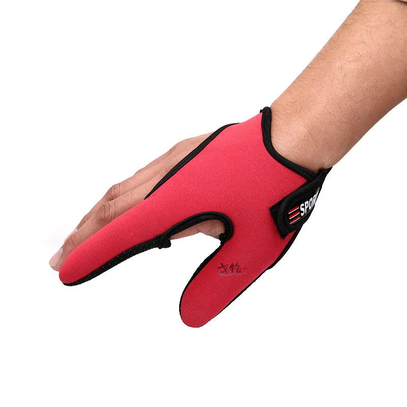 Two-finger fishing glove showing diving cloth back and microfiber palm for right or left hand