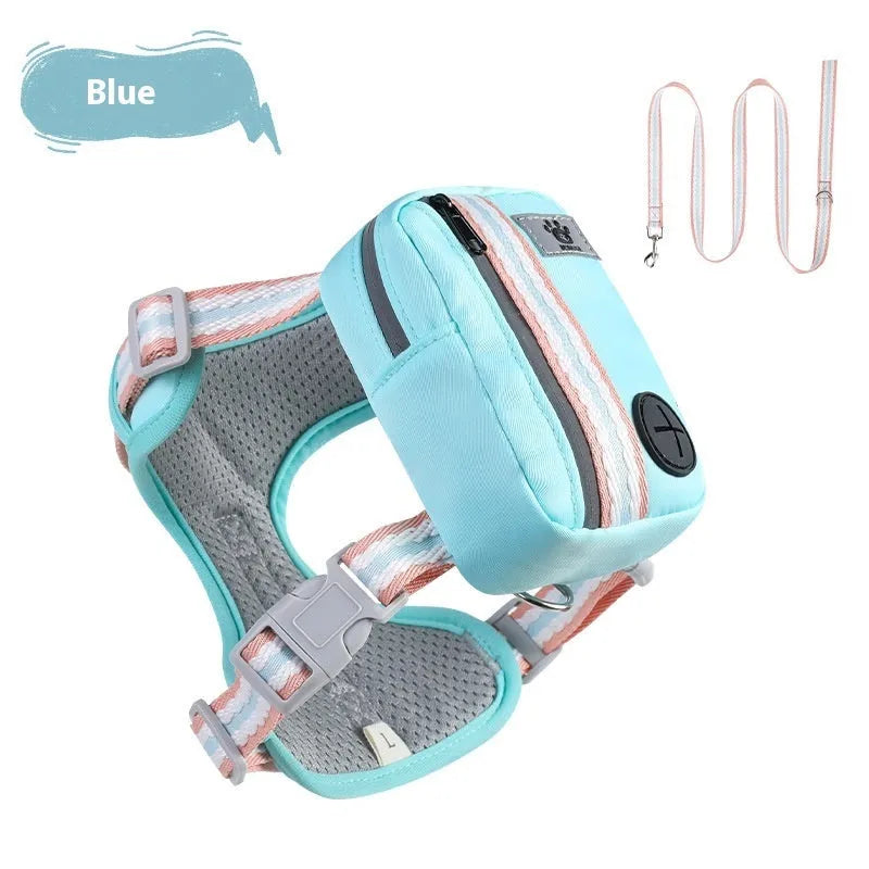 Colour options for an Oxford cloth anti-strangulation dog harness with a 1.5 metre lead attached.