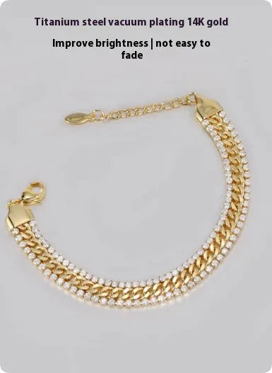 Gold-plated titanium steel tennis bracelet with stone inlays for hip hop style