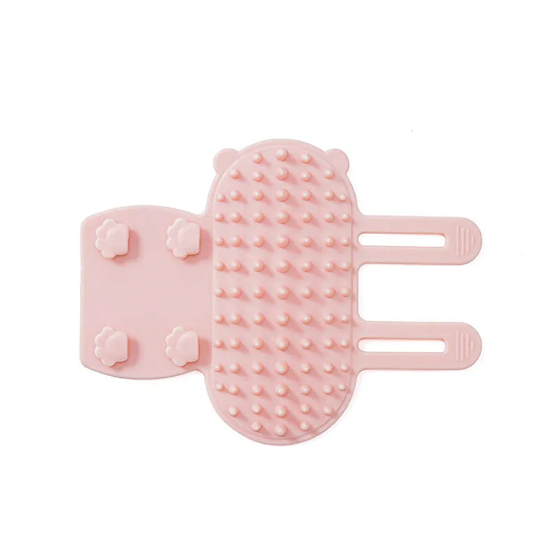 Silicone cat grooming brush mounted on table leg with adjustable strap, available in four colours