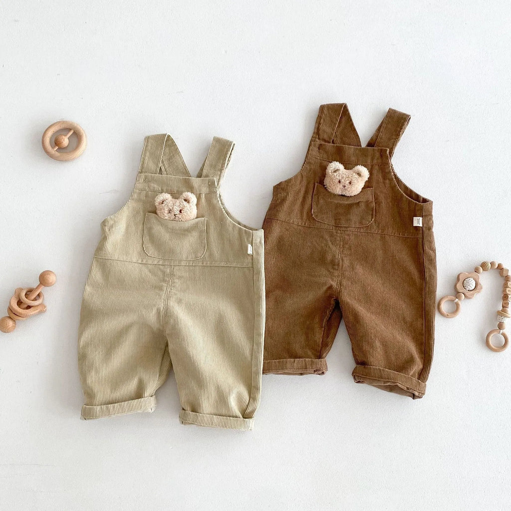 Boys' corduroy cotton bear suspender overalls in apricot solid colour spring autumn wear