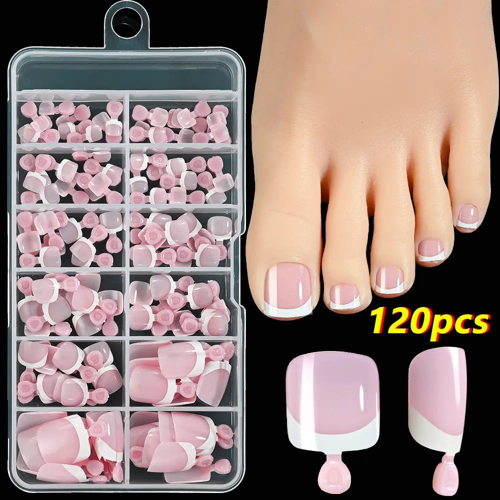 120 piece box of nude square artificial nail tips with French white edges in assorted shades