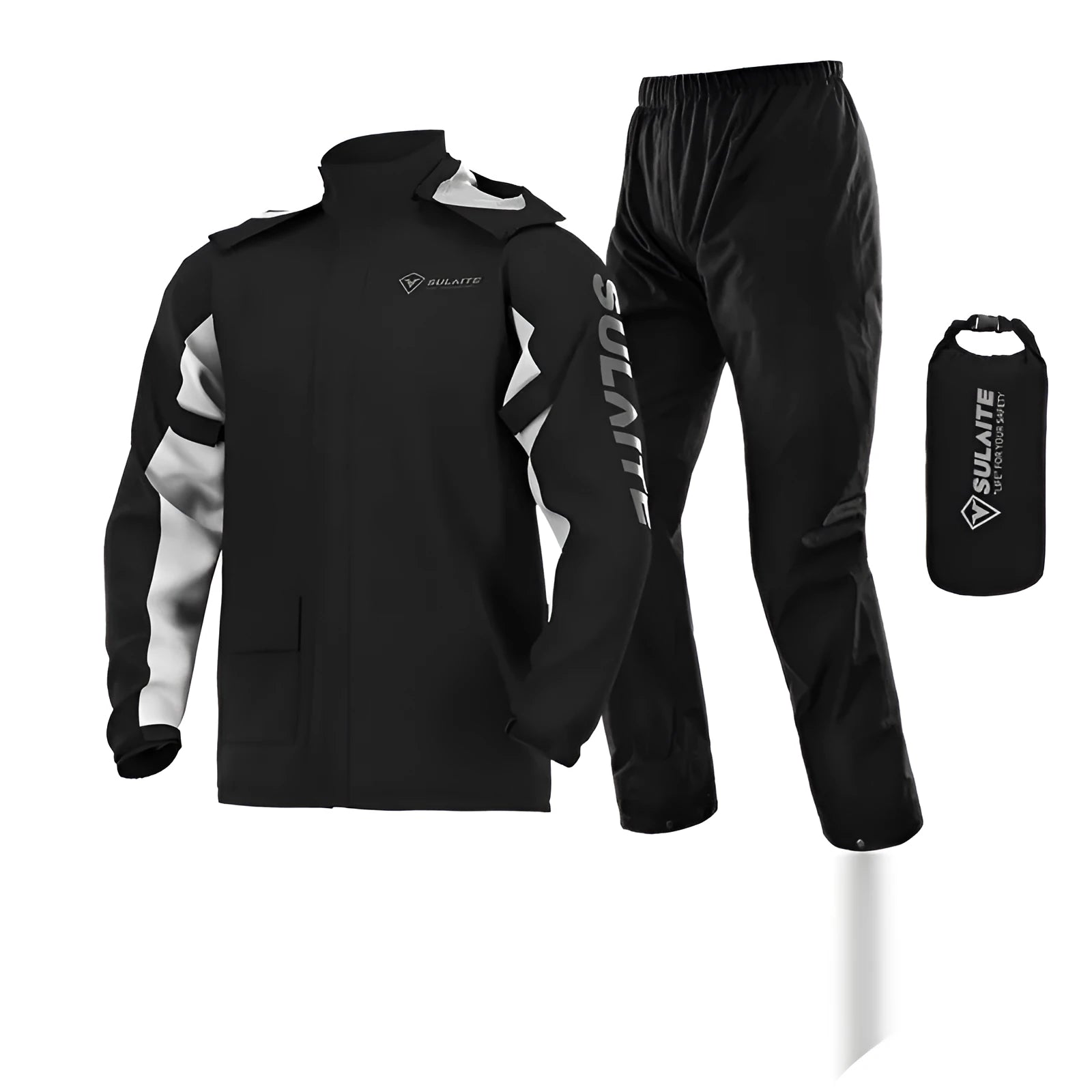 Motorcycle raincoat and rain trousers set in a colour option, with hidden shoe covers and storage bag.