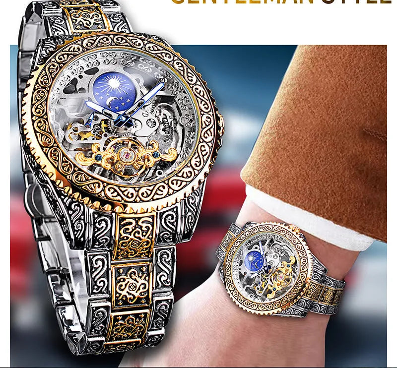 Forsining yellow stainless steel skeleton tourbillon mechanical watch with automatic movement