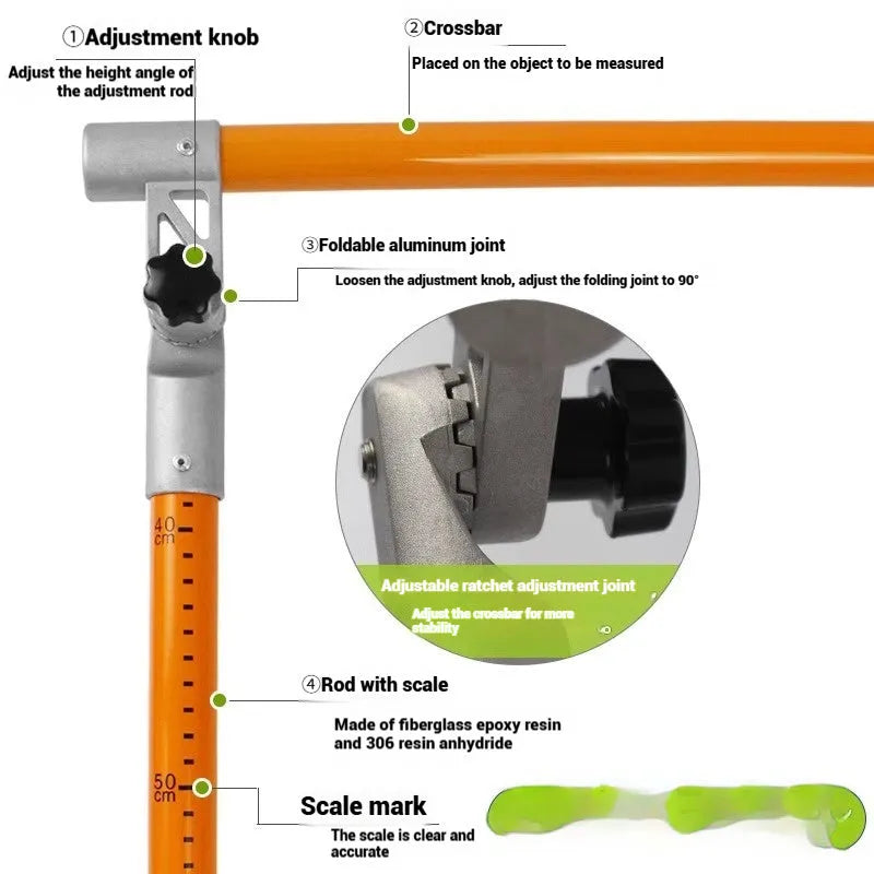 Telescopic fibre glass truck height measuring rod extended fully, showing clear scale markings for height measurement.