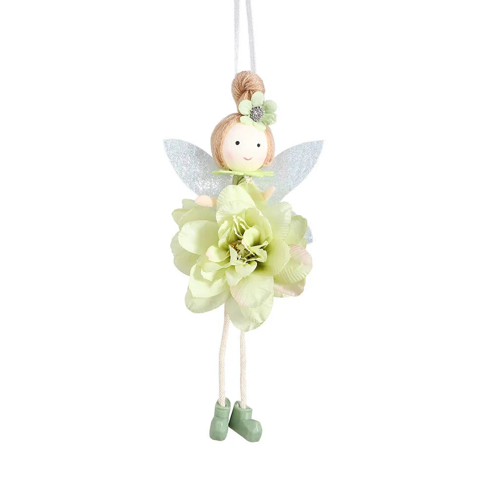 Cloth pendant ornament featuring a floral angel girl design in dark pink, pink, green, or yellow.