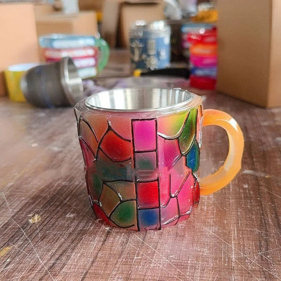 Decorative resin coffee cup with painted book mark design in Library and Pattern style options.