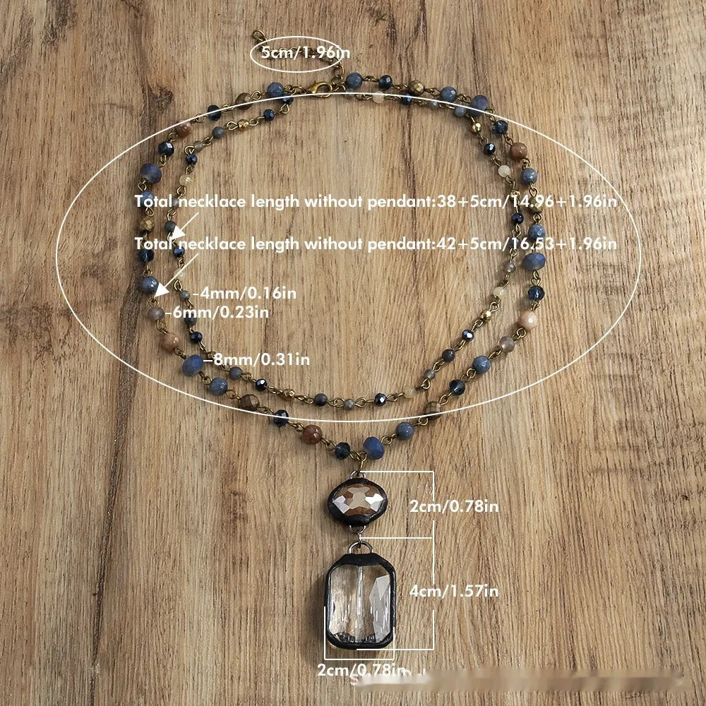 Tribal style two-layer necklace with natural stone and glass pendant on adjustable chain
