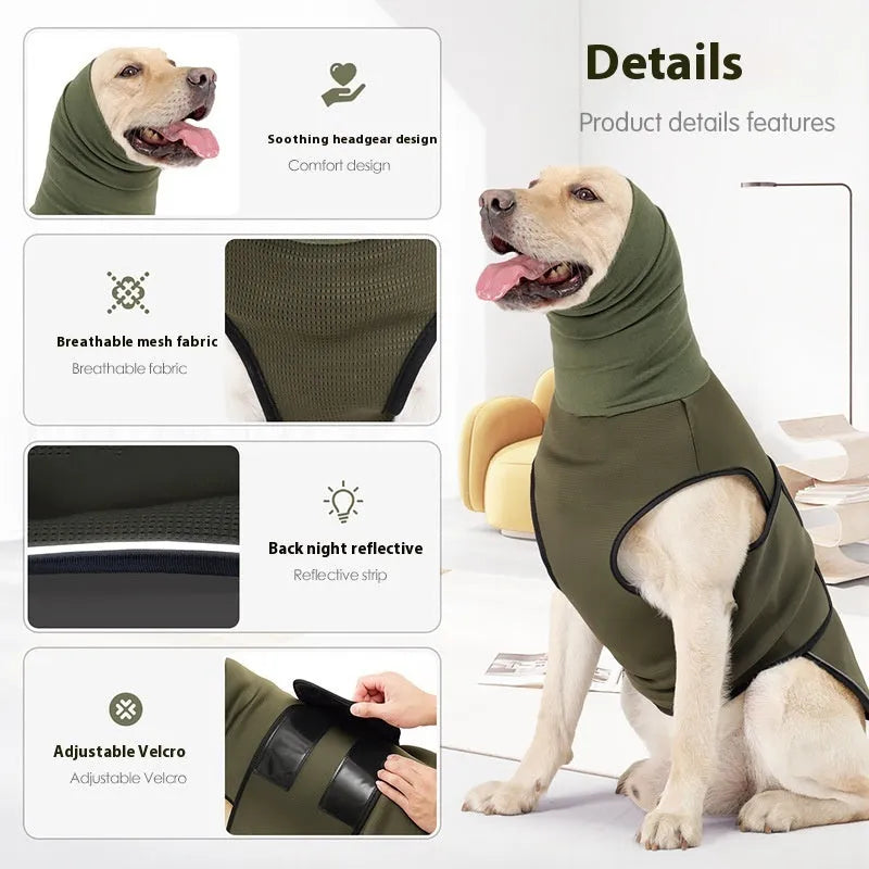 Army green dog anti-anxiety jacket on a medium-sized dog, showing a close-fitting, calming pet clothing design.