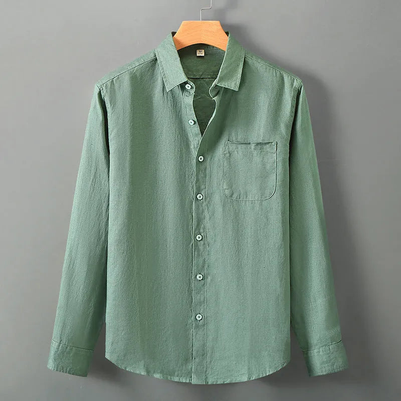 Linen long sleeve loose fit shirt in Chinese cardigan style showing solid colour options