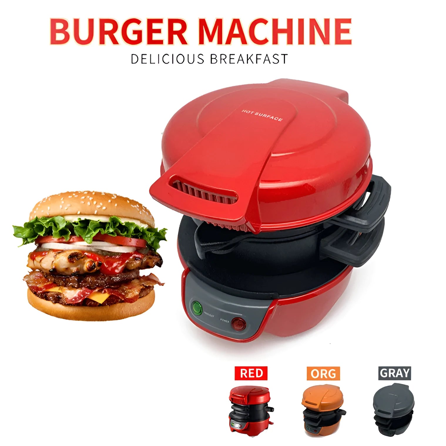 Household breakfast sandwich maker machine with egg cooker ring in bright red colour