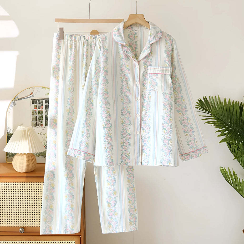 Japanese style cotton gauze ladies homewear set with long sleeves and trousers in stripe or red fruit pattern.