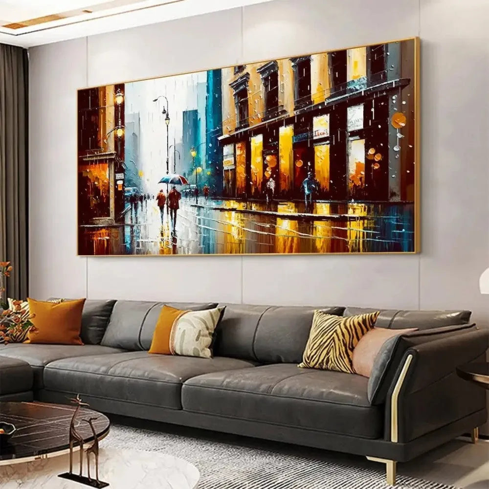 Handmade oil painting canvas wall art, modern abstract urban architectural street scene, horizontal rolled frameless unstretched painting