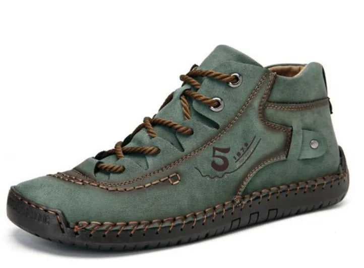 Casual hand-stitched cowhide leather Martin boots for men low-top tooling shoes in black, gold, khaki or green