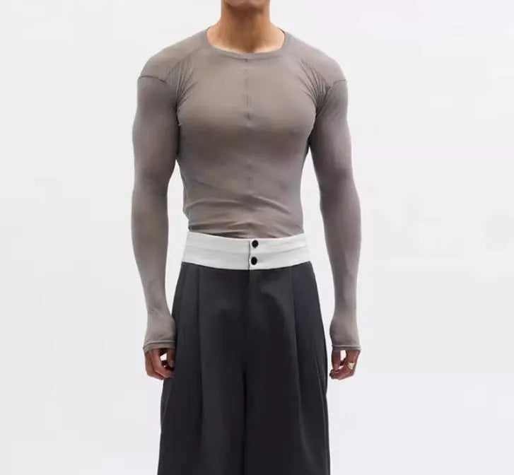 Black mesh see-through texture slim-fit long sleeve pullover with round collar