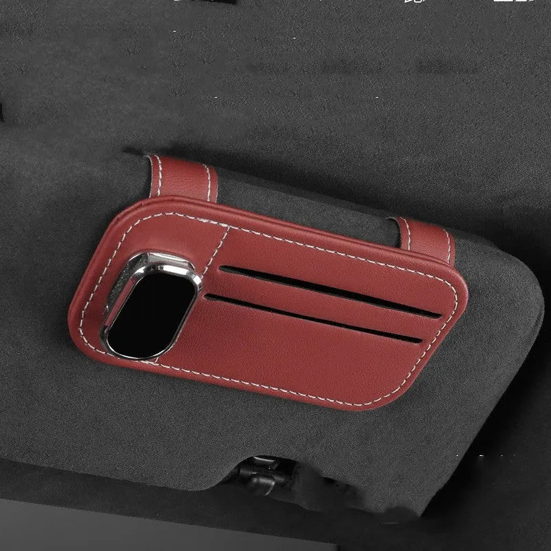 Leather car sun visor card holder with glasses clip function in multiple colour options
