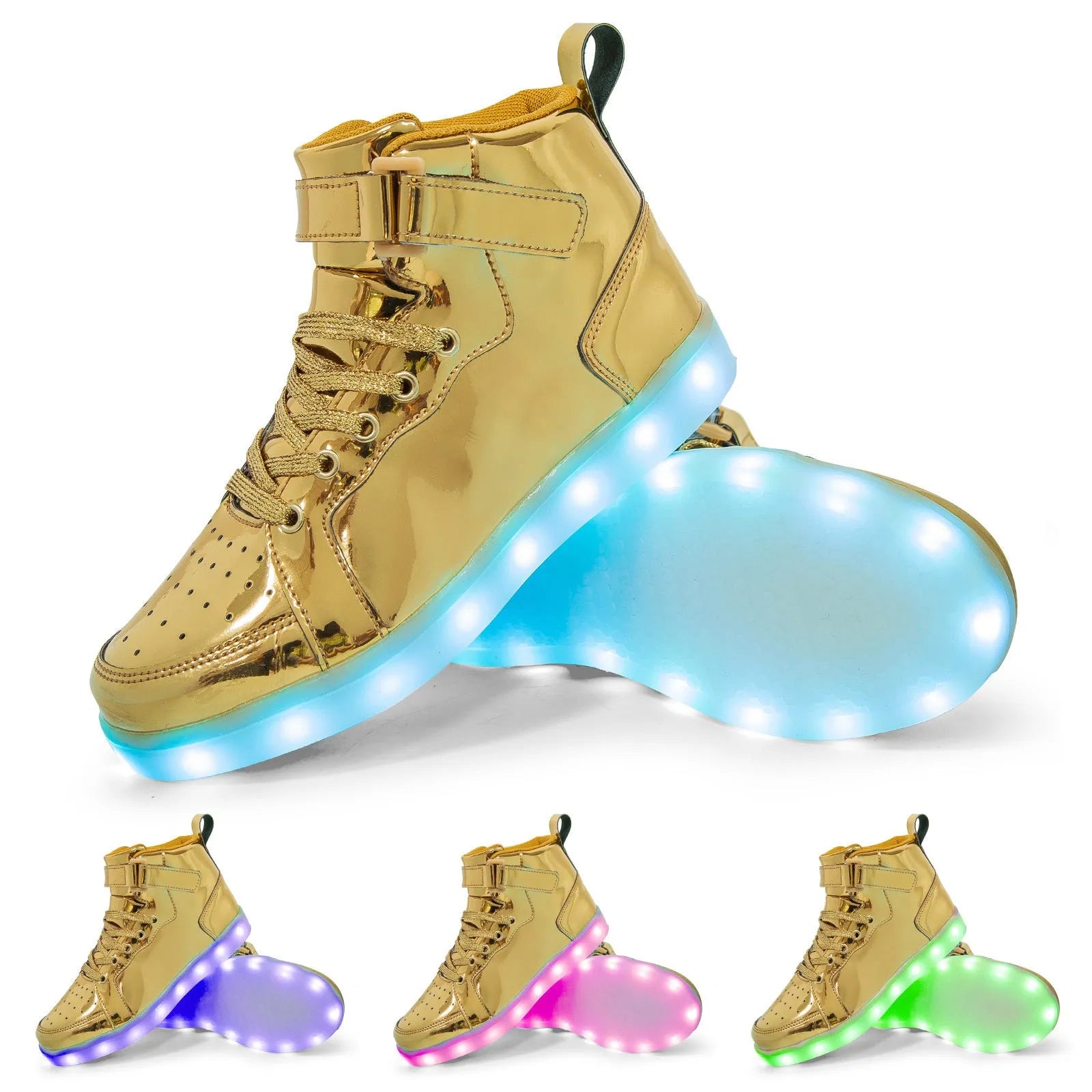 LED high-top light shoes with Velcro closure showing illuminated sole and available colour options