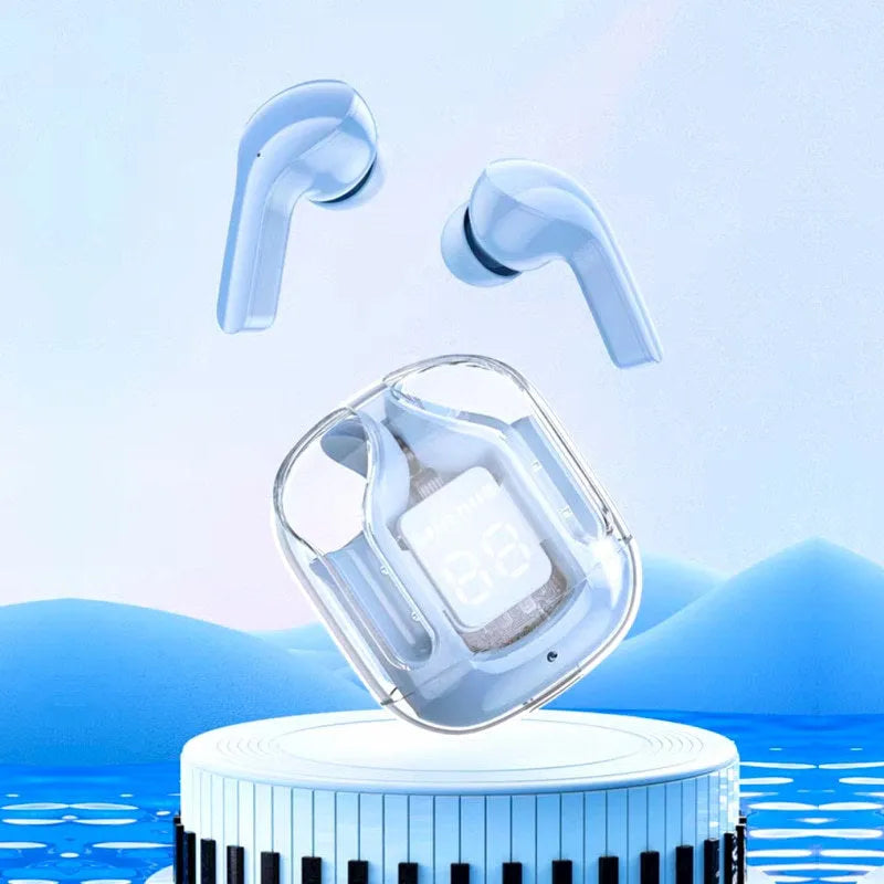 Transparent space capsule case Bluetooth earbuds with digital display showing black, white, light blue, green, and peach colour options