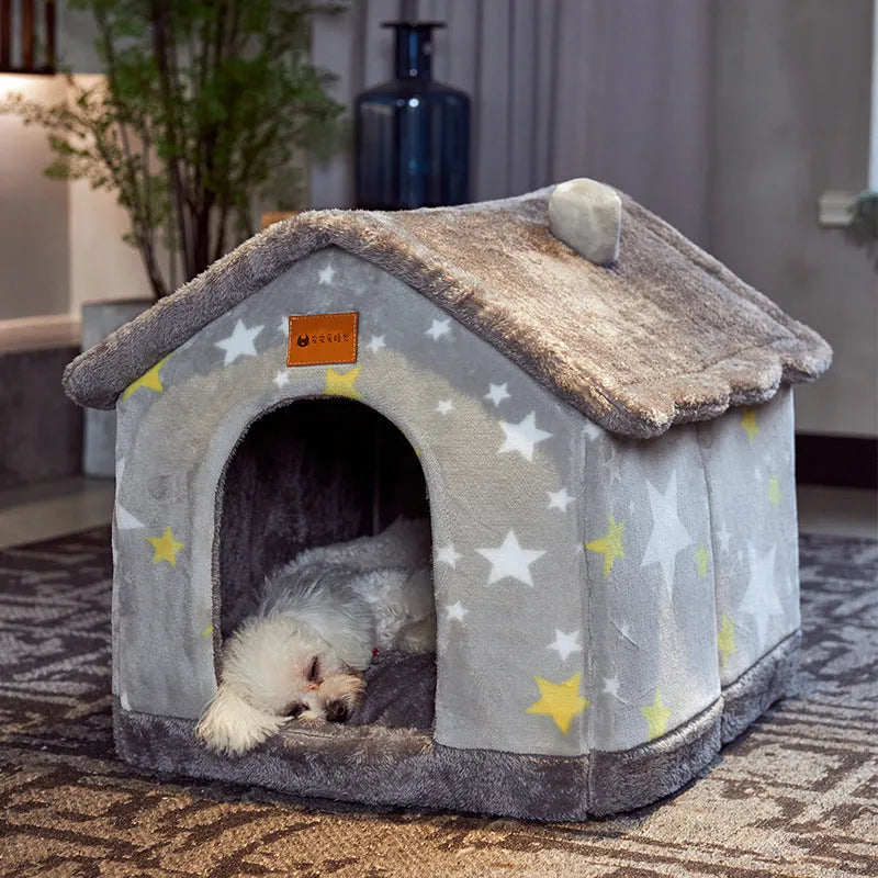 Foldable dog house pet cat bed in cave style with self-warming plush fur and non-slip bottom, available in multiple colours and sizes