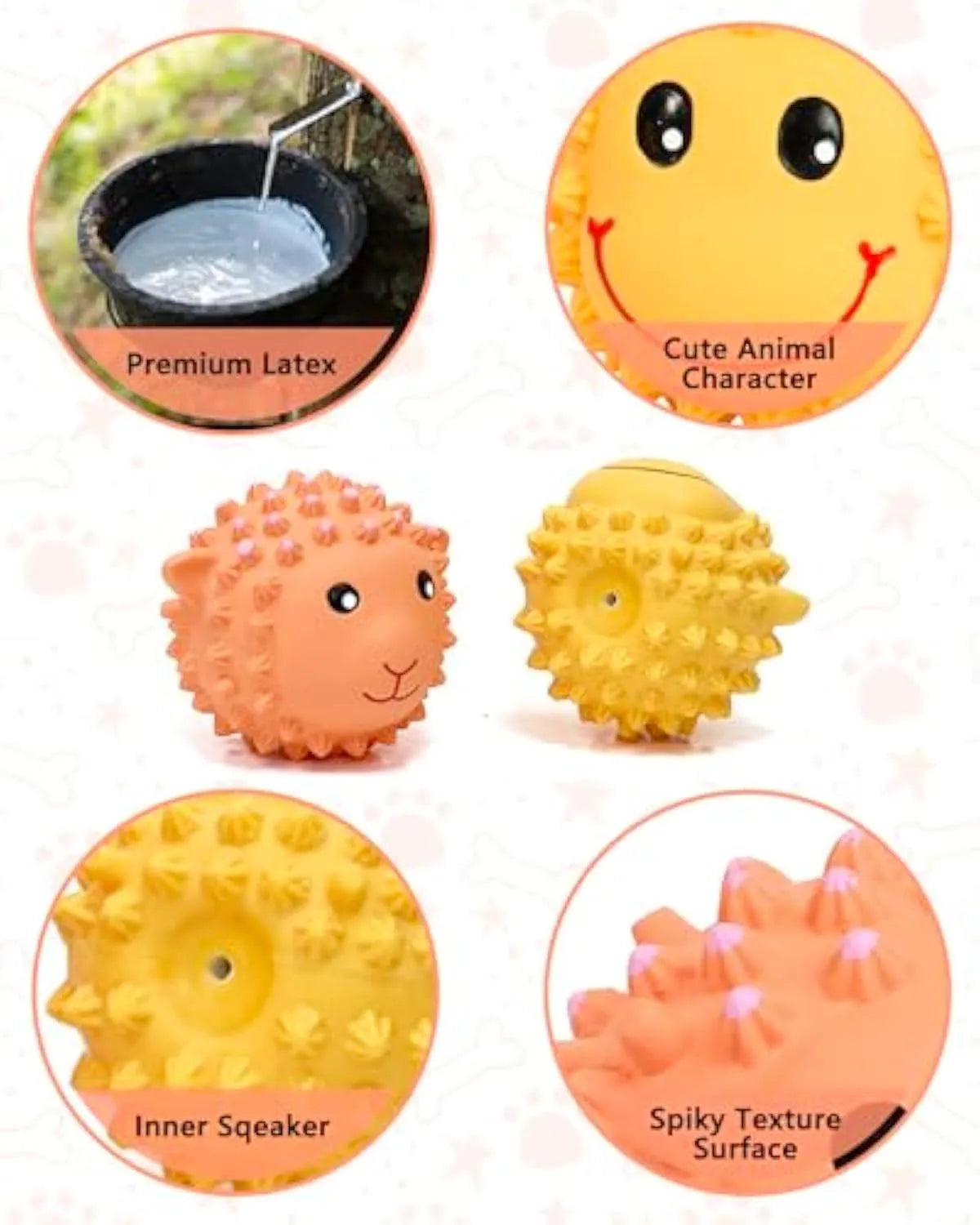 Orange and yellow spiky latex dog toys shaped like lamb and monkey with teeth cleaning texture