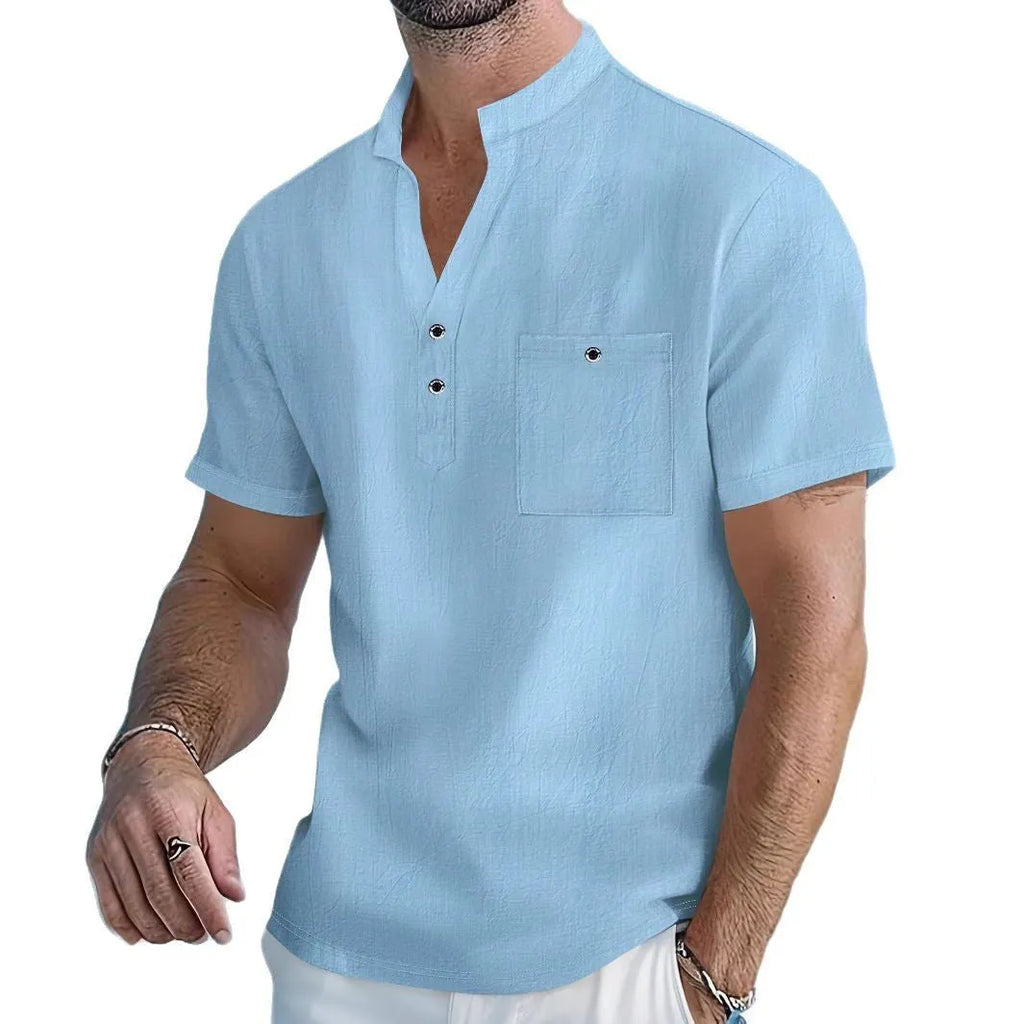 Men's linen short sleeve shirt with stand collar in light blue colour