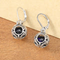 Silver geometric pendant earrings with vintage engraving and blue gemstone accents