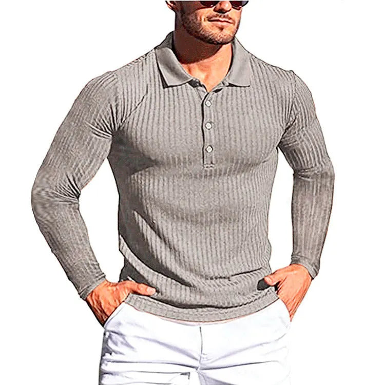 Man wearing a striped short-sleeve t-shirt in army green, showcasing the loose casual fit.