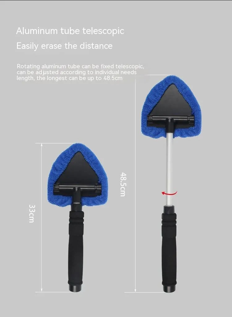 A plastic car windscreen cleaning brush with a long handle, shown in red, green, and blue colour options.