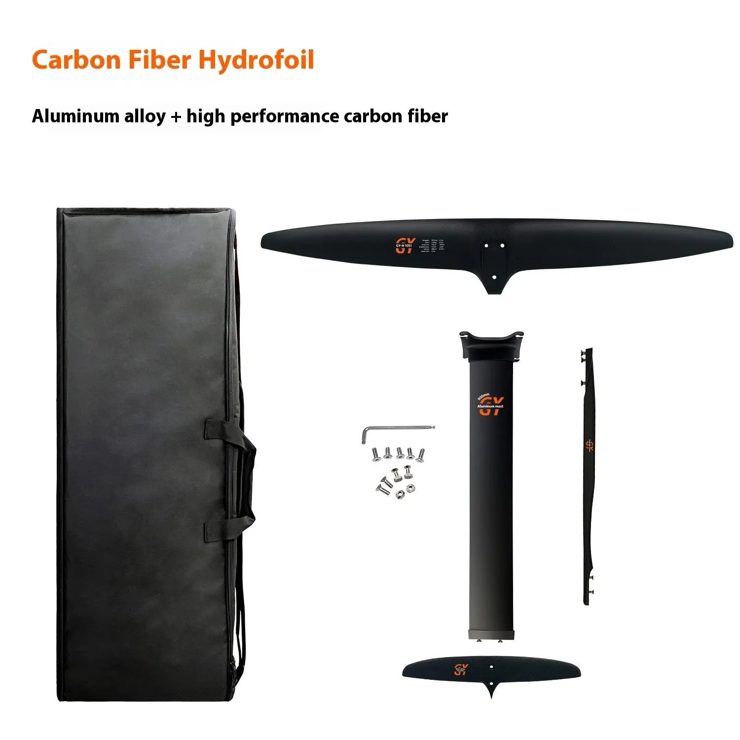Black carbon fibre racing hydrofoil with 1051mm front wing for unpowered surfing