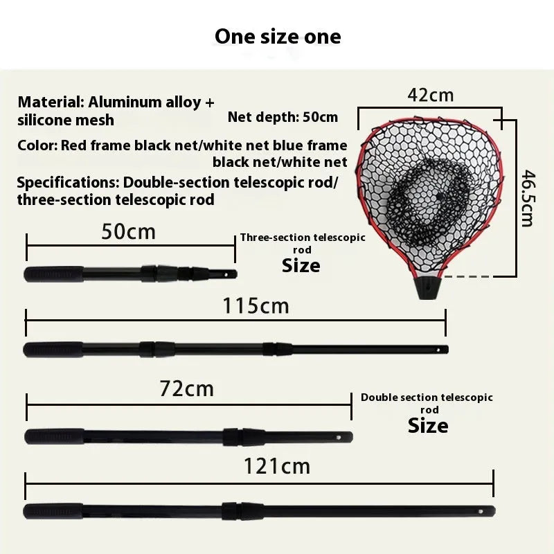Luyada dip net with aluminum alloy telescopic rod extended to 162cm, showing red frame and black net pocket