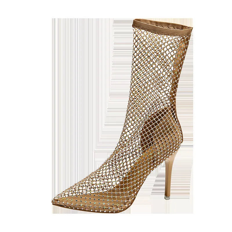 Gold mesh pointed toe stiletto high heel sandals with oversleeves design.