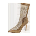 Gold mesh pointed toe stiletto high heel sandals with oversleeves design.