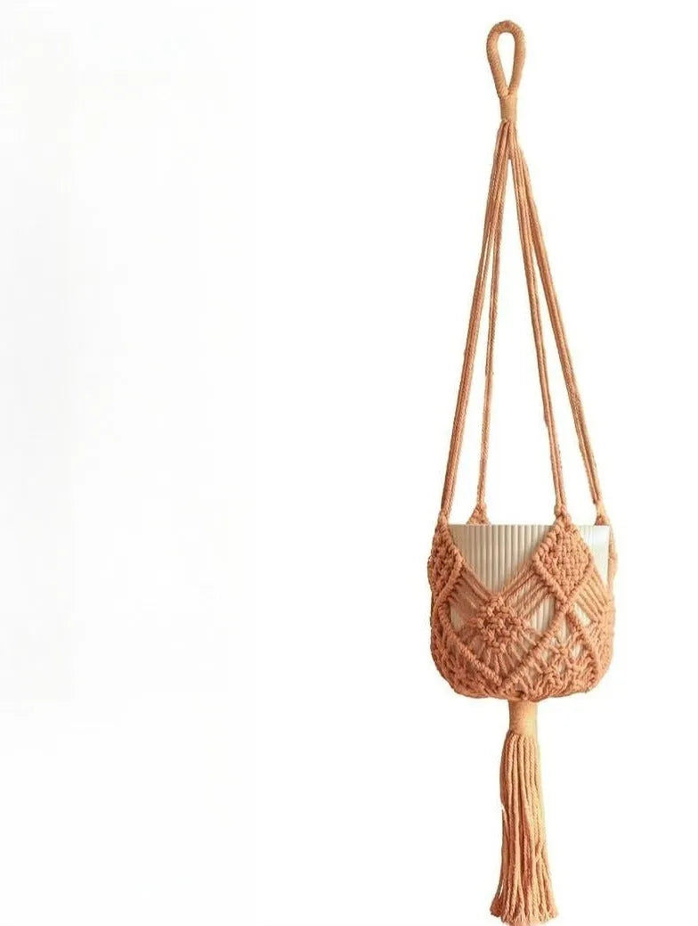 Hand-woven minimalist flower pot in polyester cotton fabric shown in brown colour