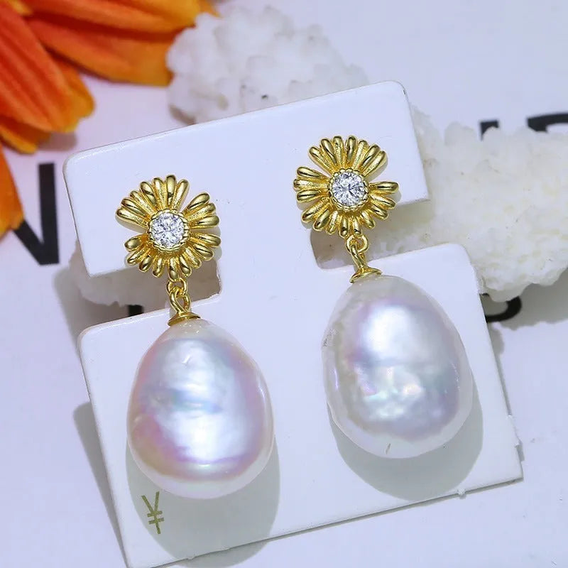Baroque style sterling silver flower design drop earrings in silver and gold tone options