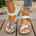 White women's high heel sandals with velcro ankle strap and rubber sole
