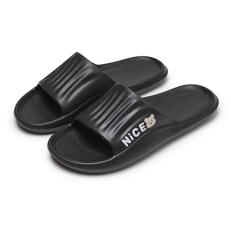 Minimalist cartoon pattern EVA flip flop slippers for household wear, shown in multiple colours.