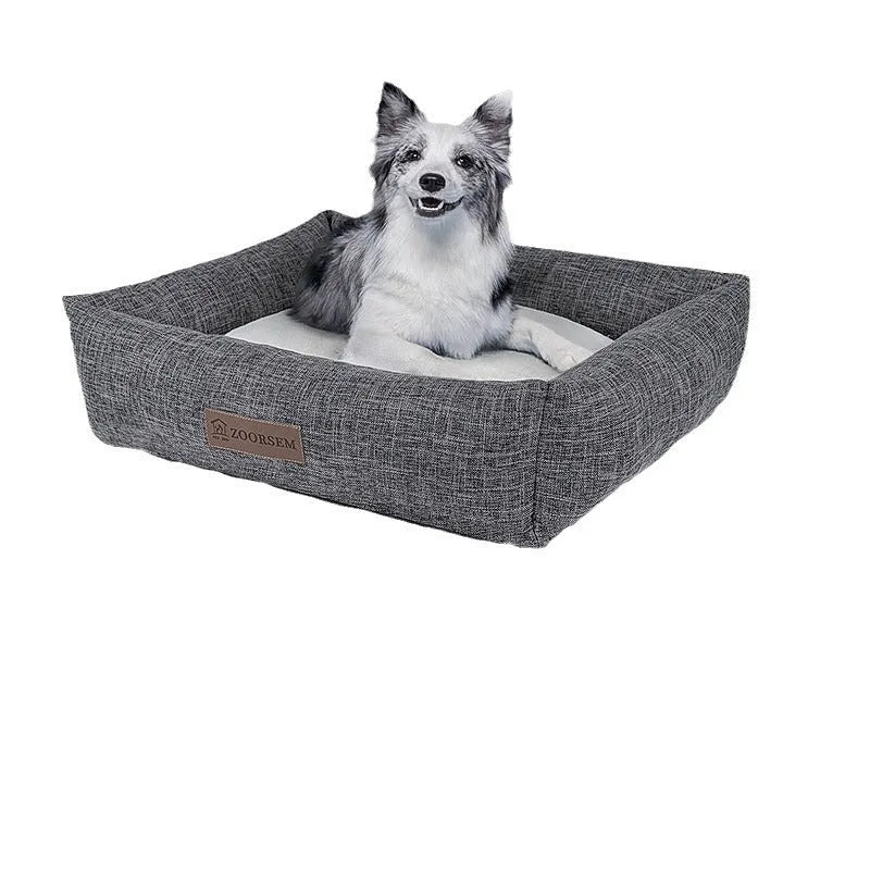 Square grey linen pet bed for dogs with dimensions 50x40cm to 80x60cm options