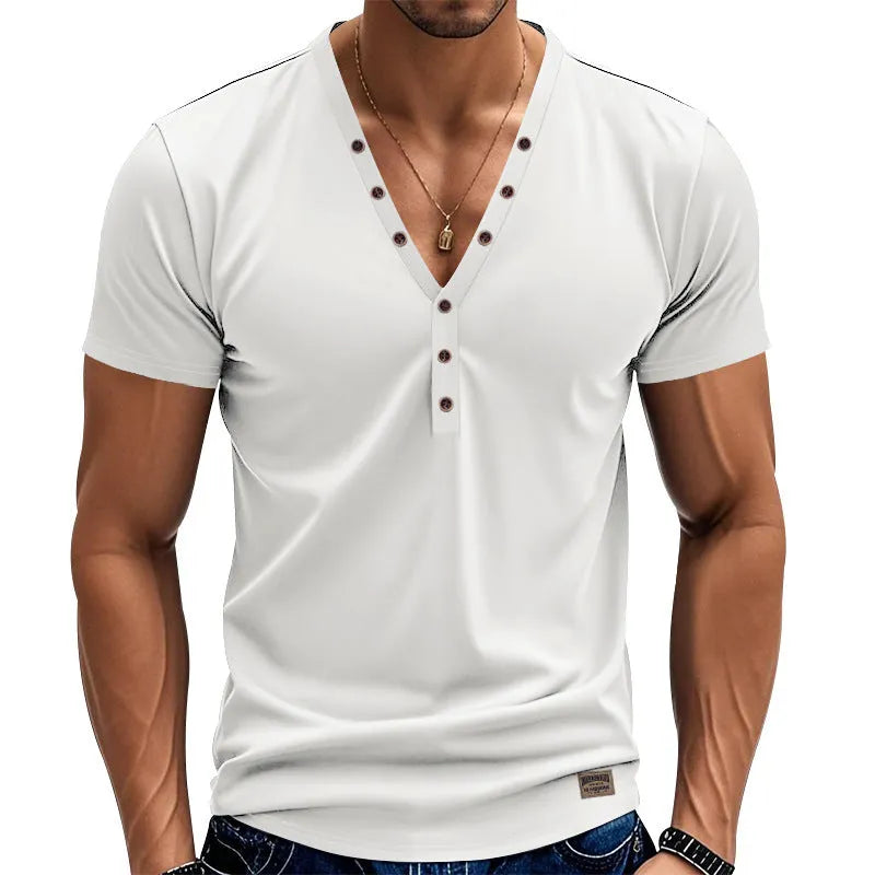 Men's loose V-neck pullover top with button details in light blue colour