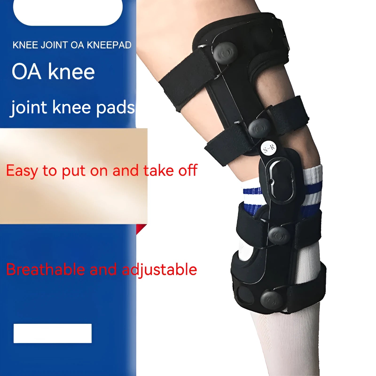 Black anterior ligament knee support brace shown on a knee, with side-specific sizing for left or right.