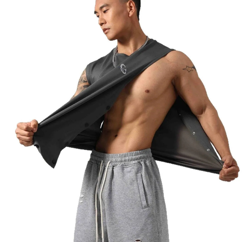 Korean style men's loose cotton fitness vest with hidden side hooks in black.